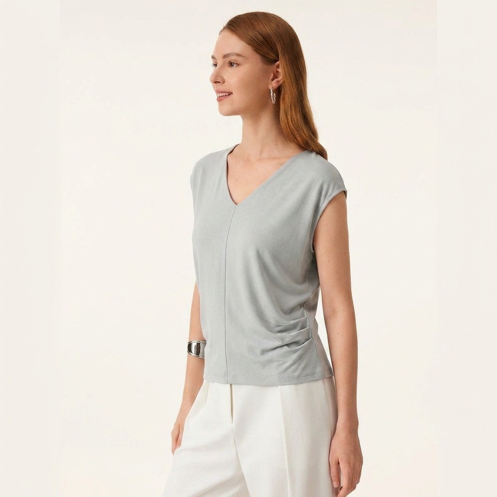 OGL Women XL Light Blue Sandwashed Sleeveless V-Neck Cap Sleeve Ruched Modal Top